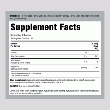 Supplement Facts panel for Calm Raspberry Lemon 120 Gummies.