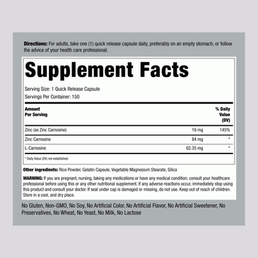 Supplement Facts panel for Zinc Carnosine 84 mg, 150 capsules.