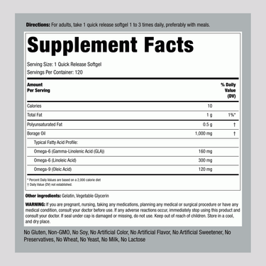 Image of the Supplement Facts panel for Borage Oil 1000 mg Softgels with details on serving size and nutritional content.