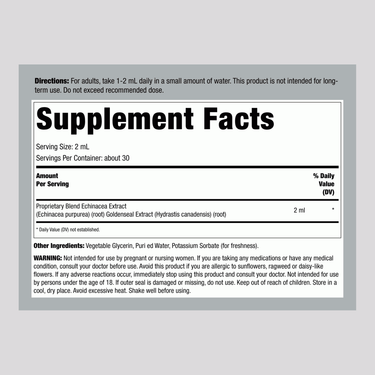 Supplement Facts panel detailing ingredients for Echinacea & Goldenseal Glycerite 2 oz Liquid Extract.
