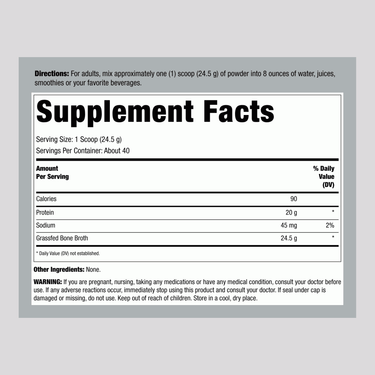 Supplement Facts panel for Herbage Farmstead Bone Broth Powder weighing 2.2 lbs.