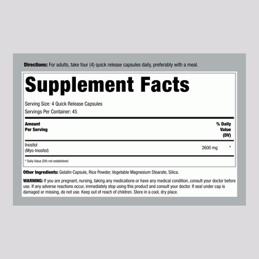 This is the Supplement Facts panel for Carlyle Myo-Inositol 2600 mg Capsules.