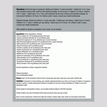 Supplement Facts panel displaying details for MediNatura T-relief with 100 tablets.