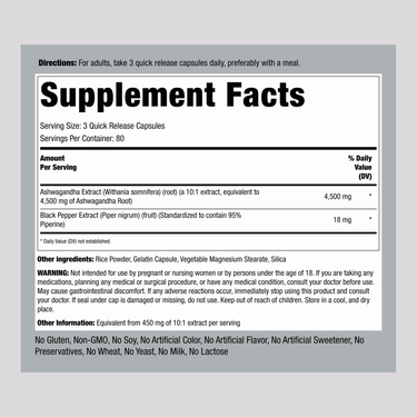 Supplement Facts panel for Ashwagandha 4500 mg per serving, 240 capsules, detailing ingredients and dosage information.