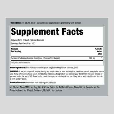 Supplement Facts panel for Purslane 500 mg with 100 capsules, detailing the ingredients and nutritional information.
