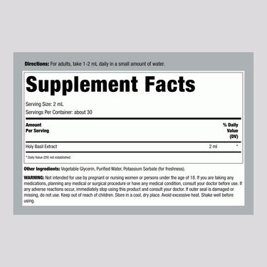 Supplement Facts for Carlyle Holy Basil Liquid Extract, 2 fl oz bottle.