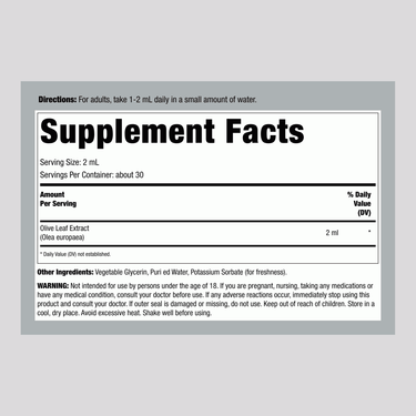 The Supplement Facts panel displays details for Olive Leaf Liquid Extract, including servings, ingredients, and nutritional information.