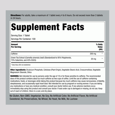 Supplement Facts for Caffeine 200 mg with Green Tea, 100 Tablets.