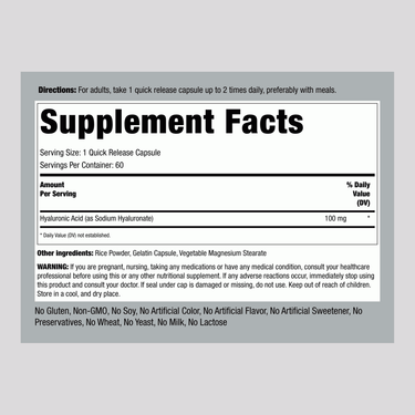 Supplement Facts for Hyaluronic Acid capsules, 100 mg per serving, 60 capsules total.