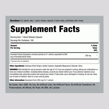 Supplement facts panel displaying Horsetail 800 mg, 180 capsules.