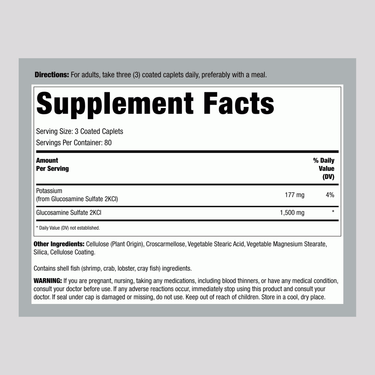 Supplement Facts for Horbaach Gluco Sulfate 1500 mg, 240 tablets.