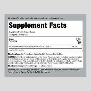 This is the Supplement Facts panel for Holy Basil Tulsi 1600 mg, available in a bottle of 200 capsules.