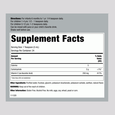 Supplement Facts panel for ChildLife Children's Liquid Vitamin C 4 OZ.