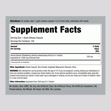 Supplement Facts for Aronia 1000 mg (Chokeberry) 100 Capsules, listing ingredients and nutritional information.