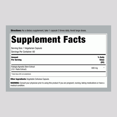 Supplement Facts panel for Fadogia Agrestis 60 vegetable capsules.
