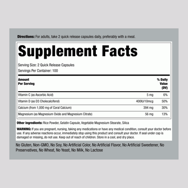 Supplement Facts panel for Coral Calcium 1000 mg, 200 capsules, showing nutrient details and serving size information.