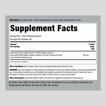 Supplement Facts for Graminex Flower Pollen Capsules, 60 capsules per bottle.