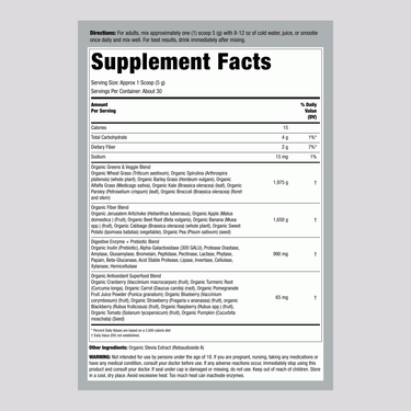 The Supplement Facts panel shows the nutritional information for Organic Greens Powder weighing 5.29 oz.
