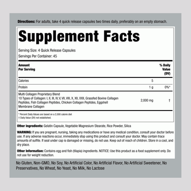 Supplement Facts for Multi Collagen Protein, 180 Capsules, detailing the nutrition content.
