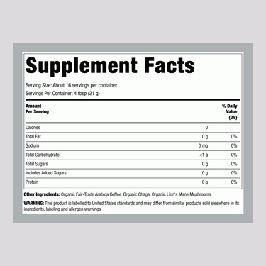 Supplement Facts panel for Organic Mushroom Coffee Mix with Lion's Mane, 12 Oz.