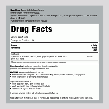 Supplement Facts panel displays information for Geri-Care Guaifenesin 400mg, 100 tablets.