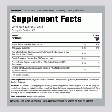 Shows Supplement Facts panel for Prosta Palmetto Softgels 120 count.