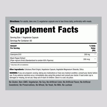 Supplement Facts panel showing details for CoQ10 200 mg with 60 vegetarian capsules.