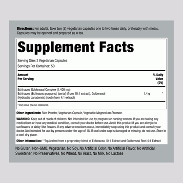 Supplement facts for LN Echinacea & Goldenseal Root, 400mg, 100 capsules.