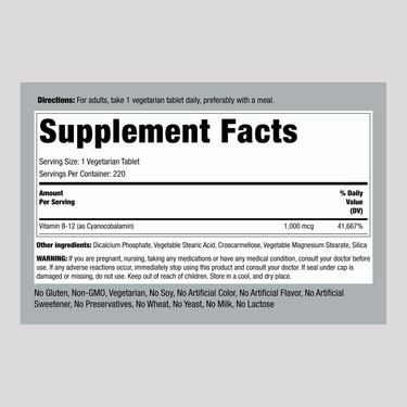 Supplement Facts panel displaying nutrition details for B-12 1000 mcg, 220 tablets.