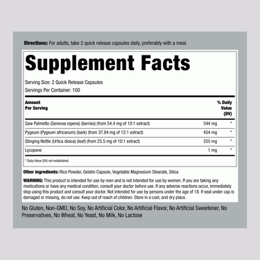 Supplement Facts panel for Prostate Palmetto Herbal Capsules 200 count, detailing active ingredients and nutritional information.
