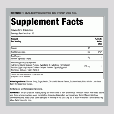 Supplement Facts panel detailing ingredients for Multi-Collagen 60 Gummy.