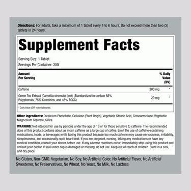 Supplement Facts panel for PIP Caffeine with Green Tea, 200 mg, in 300 tablets packaging.