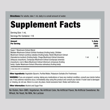 Supplement Facts panel for Mushroom Complex Liquid Extract, 4 fl oz (118 mL) bottle.