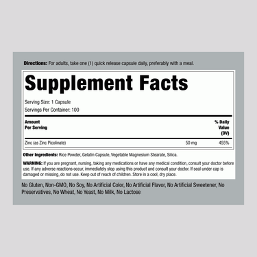 Supplement Facts panel detailing Zinc Picolinate 50 mg in a bottle of 100 capsules.