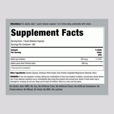 Supplement Facts panel displaying details for Alpha Lipoic + Biotin 160 Capsules.