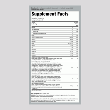 Supplement Facts for Garden of Life Green Superfood Original 419g Bottle.