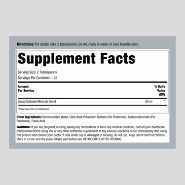 Supplement Facts panel for Colloidal Minerals Unflavor Liquid 32 OZ bottle.
