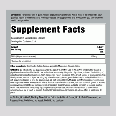 Image of the Supplement Facts panel for DHEA 100 mg, containing 220 Capsules.