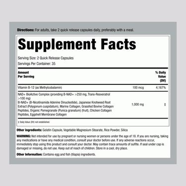 Supplement Facts for NCL NAD Collagen Resveratrol, listing ingredients and nutritional information within 125 character limit.