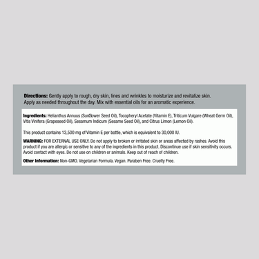 Supplement Facts for Vitamin E Oil 30,000 IU, 4 oz bottle.