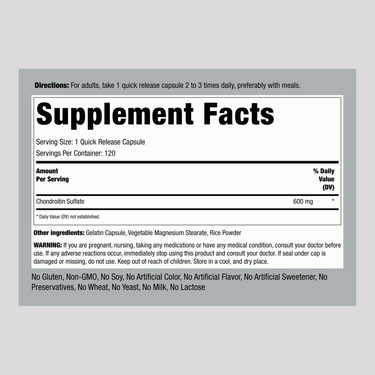 Supplement Facts panel for Chondroitin Sulfate 600 mg capsules, 120 count.