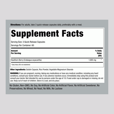 Supplement Facts panel for Hawthorn Berries 1695mg Capsules, bottle contains 180 capsules.