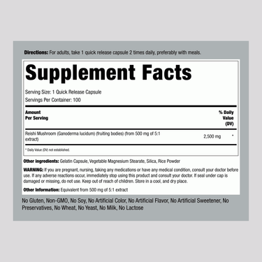 Supplement Facts panel detailing Reishi Mushroom Extract 2500 mg per capsule, 100 capsules total.