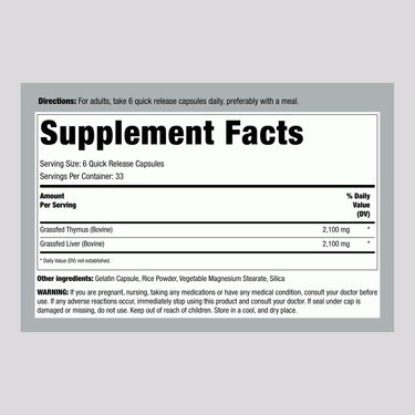 Supplement Facts panel for Grass Fed Thymus Extract 2100 mg with 200 capsules detailed.