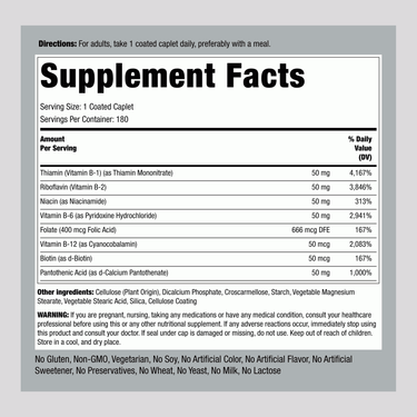 Supplement Facts for B-50 B Complex Coated Caplets, 180 count.