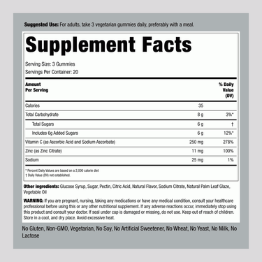Supplement Facts panel for PIP C + Zinc Immune Support Gummies, 60-count bottle.