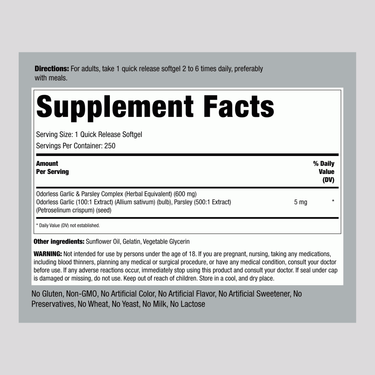 Supplement Facts panel for Odorless Garlic & Parsley Softgels, 250 count bottle.