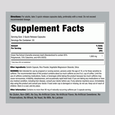 Supplement Facts for Green Tea 1800 mg Capsules 100 count, detailing ingredients and nutrition information.
