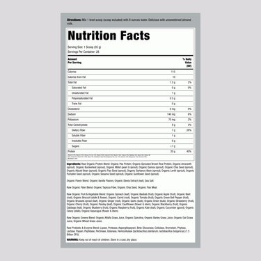 Image showing the Supplement Facts panel for Garden of Life Raw Organic Meal Vanilla 969 Grams.
