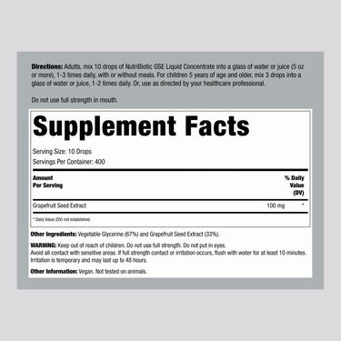 Supplement Facts panel for NutriBiotic GSE Grapefruit Seed Liquid Extract.